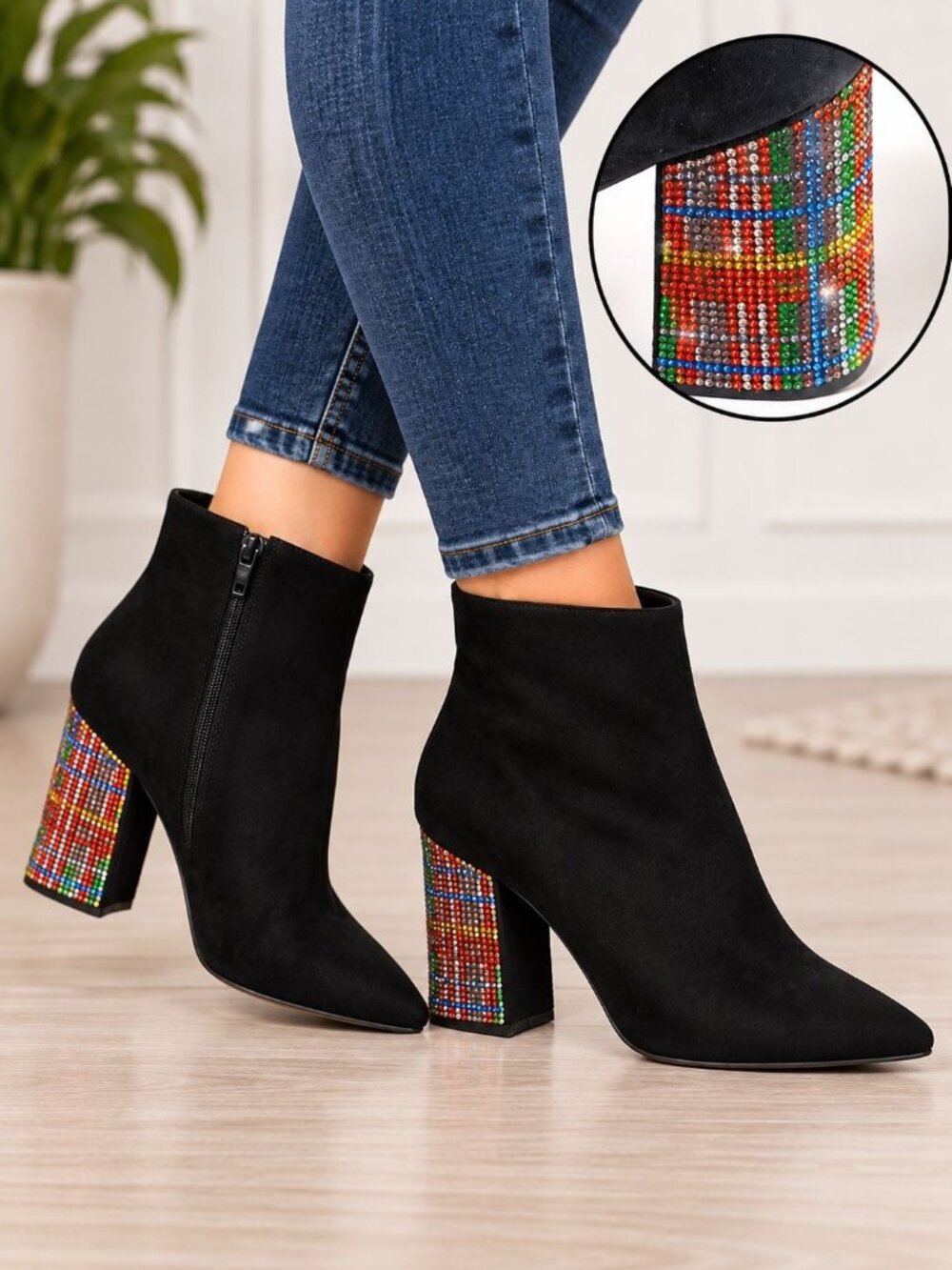 Bootie Black Ankle Rhinestone Plaid Block Heels Glam Chic Betsey Johnson Women 7